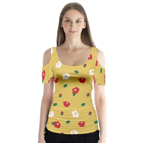 Tulip Sunflower Sakura Flower Floral Red White Leaf Green Butterfly Sleeve Cutout Tee  by Mariart