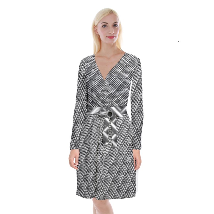 Pattern Metal Pipes Grid Long Sleeve Velvet Front Wrap Dress