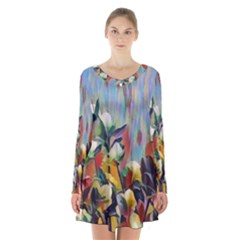 Abstractionism Spring Flowers Long Sleeve Velvet V-neck Dress by DeneWestUK