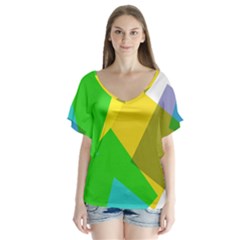 Green Yellow Shapes       V-neck Flutter Sleeve Top