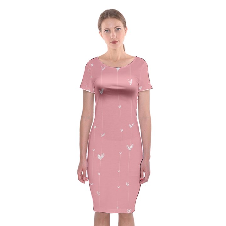 Pink background with white hearts on lines Classic Short Sleeve Midi Dress