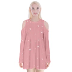 Pink Background With White Hearts On Lines Velvet Long Sleeve Shoulder Cutout Dress