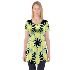 Yellow Snowflake Icon Graphic On Black Background Short Sleeve Tunic  by Nexatart