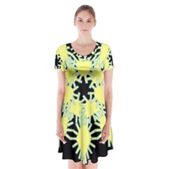 Yellow Snowflake Icon Graphic On Black Background Short Sleeve V-neck Flare Dress by Nexatart