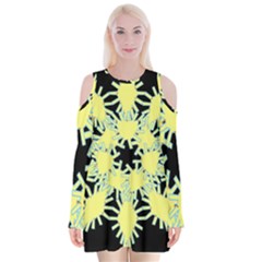 Yellow Snowflake Icon Graphic On Black Background Velvet Long Sleeve Shoulder Cutout Dress by Nexatart