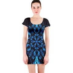 Blue Snowflake On Black Background Short Sleeve Bodycon Dress by Nexatart