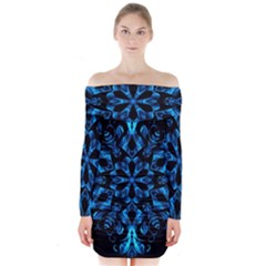 Blue Snowflake On Black Background Long Sleeve Off Shoulder Dress by Nexatart