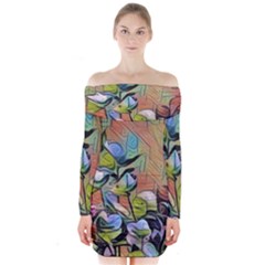 Spring Flowers Magic Cube Long Sleeve Off Shoulder Dress by DeneWestUK