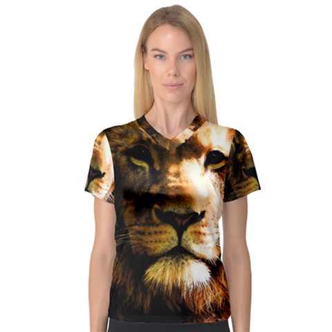 Lion  Women s V-neck Sport Mesh Tee by Valentinaart