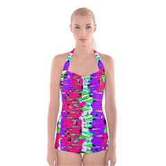 Colorful Glitch Pattern Design Boyleg Halter Swimsuit  by dflcprintsclothing