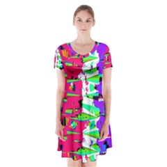 Colorful Glitch Pattern Design Short Sleeve V-neck Flare Dress by dflcprintsclothing