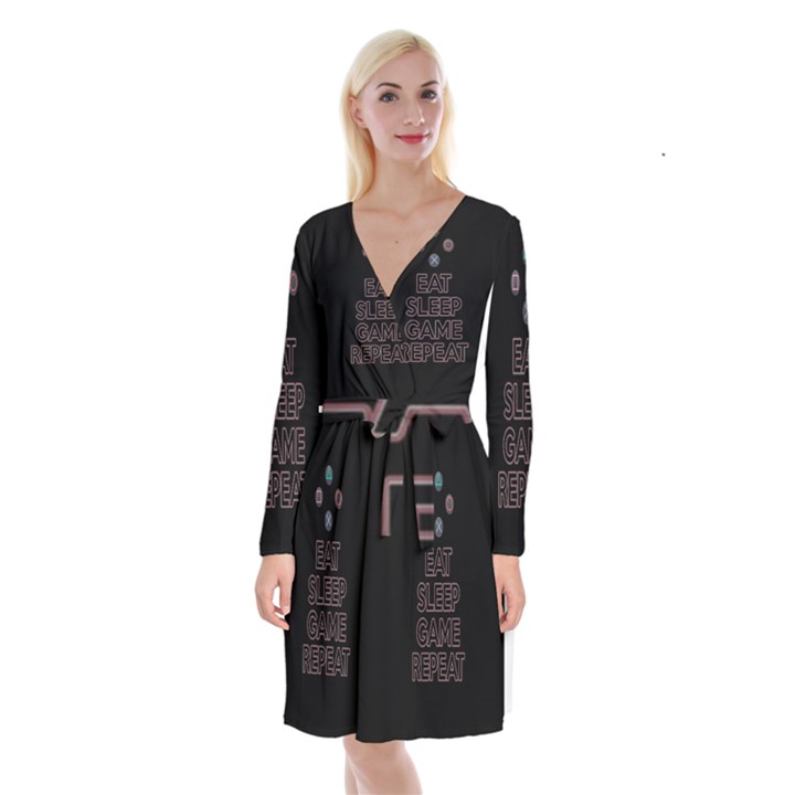 Eat sleep game repeat Long Sleeve Velvet Front Wrap Dress