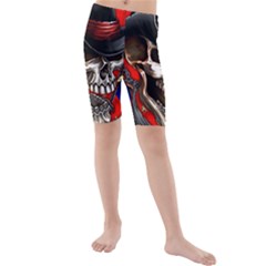 Confederate Flag Usa America United States Csa Civil War Rebel Dixie Military Poster Skull Kids  Mid Length Swim Shorts