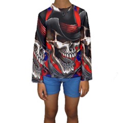 Confederate Flag Usa America United States Csa Civil War Rebel Dixie Military Poster Skull Kids  Long Sleeve Swimwear