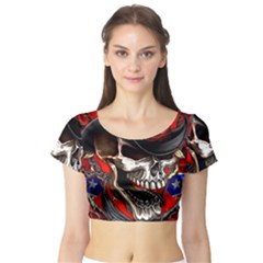 Confederate Flag Usa America United States Csa Civil War Rebel Dixie Military Poster Skull Short Sleeve Crop Top (Tight Fit)