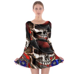 Confederate Flag Usa America United States Csa Civil War Rebel Dixie Military Poster Skull Long Sleeve Skater Dress