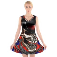 Confederate Flag Usa America United States Csa Civil War Rebel Dixie Military Poster Skull V-Neck Sleeveless Skater Dress