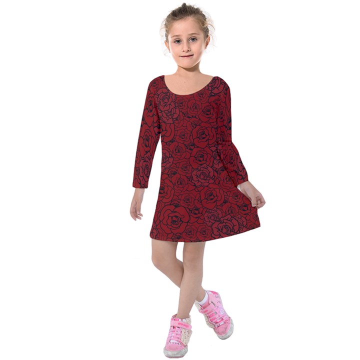 Red Roses Field Kids  Long Sleeve Velvet Dress