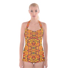 Colorful Vibrant Ornate Boyleg Halter Swimsuit  by dflcprintsclothing