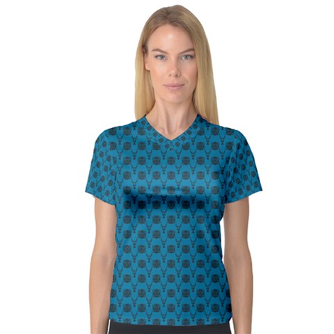 Lion Vs Gazelle Damask In Teal Women s V-neck Sport Mesh Tee by emilyzragz