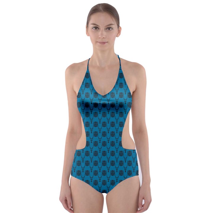 Lion vs Gazelle Damask in Teal Cut-Out One Piece Swimsuit