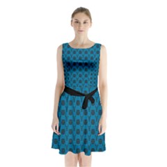 Lion Vs Gazelle Damask In Teal Sleeveless Chiffon Waist Tie Dress