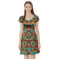 Geometric Multicolored Print Short Sleeve Skater Dress by dflcprintsclothing