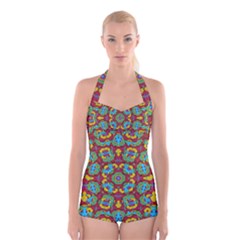 Geometric Multicolored Print Boyleg Halter Swimsuit  by dflcprintsclothing