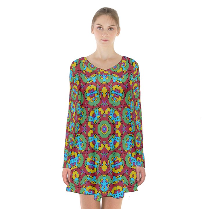 Geometric Multicolored Print Long Sleeve Velvet V-neck Dress