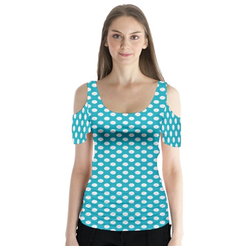 Sleeping Kitties Polka Dots Teal Butterfly Sleeve Cutout Tee  by emilyzragz