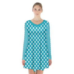 Sleeping Kitties Polka Dots Teal Long Sleeve Velvet V-neck Dress