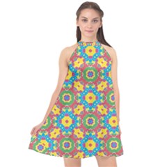 Geometric Check Multicolored Pattern Halter Neckline Chiffon Dress  by dflcprintsclothing