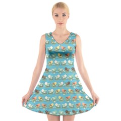 Assorted Birds Pattern V-neck Sleeveless Skater Dress