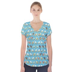 Assorted Birds Pattern Short Sleeve Front Detail Top by linceazul