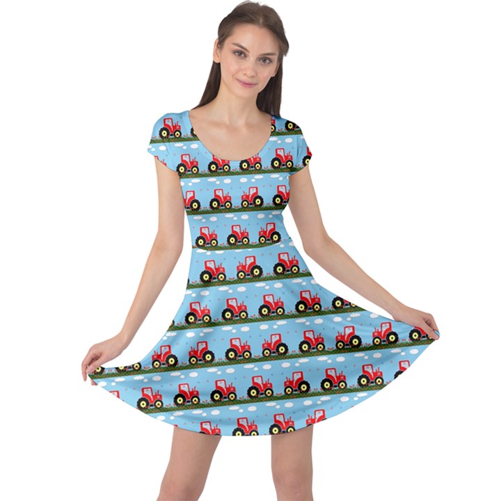 Toy Tractor Pattern Cap Sleeve Dresses