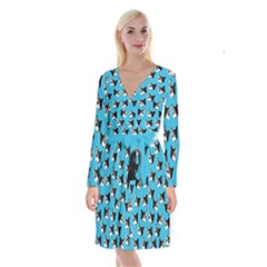 Cat Pattern Long Sleeve Velvet Front Wrap Dress