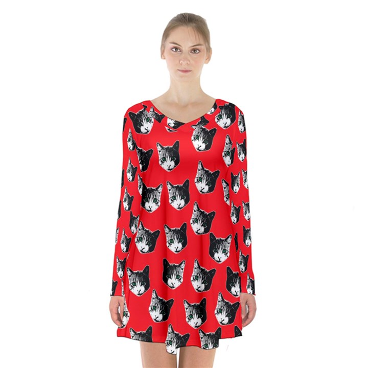 Cat pattern Long Sleeve Velvet V-neck Dress