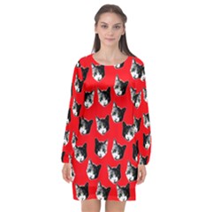 Cat Pattern Long Sleeve Chiffon Shift Dress 