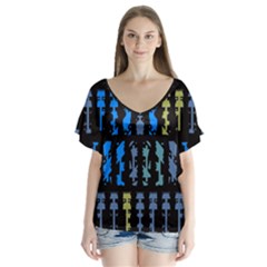 Blue Shapes On A Black Background       V-neck Flutter Sleeve Top