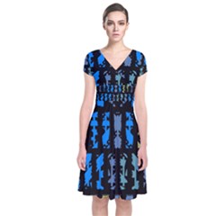 Blue Shapes On A Black Background   Short Sleeve Front Wrap Dress by LalyLauraFLM