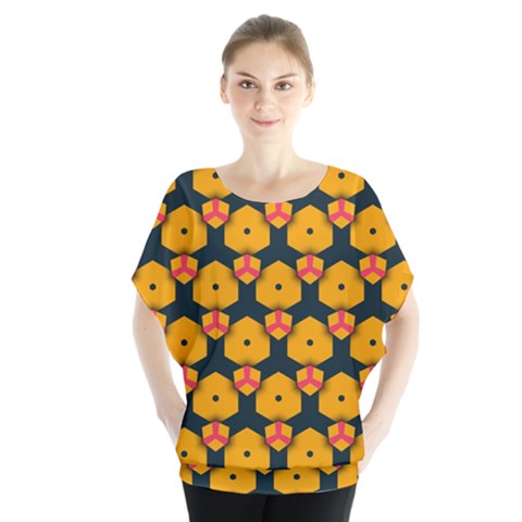 Yellow Pink Shapes Pattern            Batwing Chiffon Blouse by LalyLauraFLM