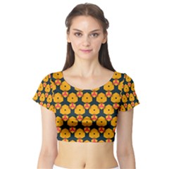 Yellow Pink Shapes Pattern         Short Sleeve Crop Top by LalyLauraFLM