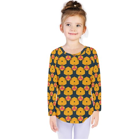 Yellow Pink Shapes Pattern            Kids  Long Sleeve Tee by LalyLauraFLM