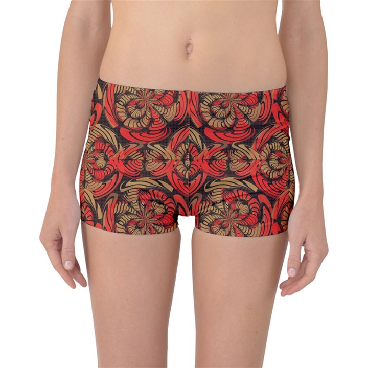 Red And Brown Pattern Boyleg Bikini Bottoms