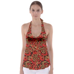 Red And Brown Pattern Babydoll Tankini Top