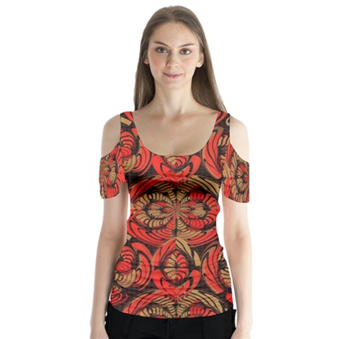 Red And Brown Pattern Butterfly Sleeve Cutout Tee  by linceazul