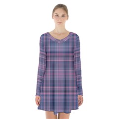 Plaid Design Long Sleeve Velvet V-neck Dress