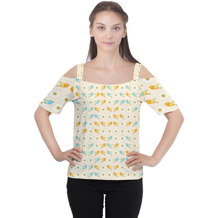 Birds And Daisies Women s Cutout Shoulder Tee