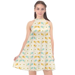 Birds And Daisies Halter Neckline Chiffon Dress  by linceazul