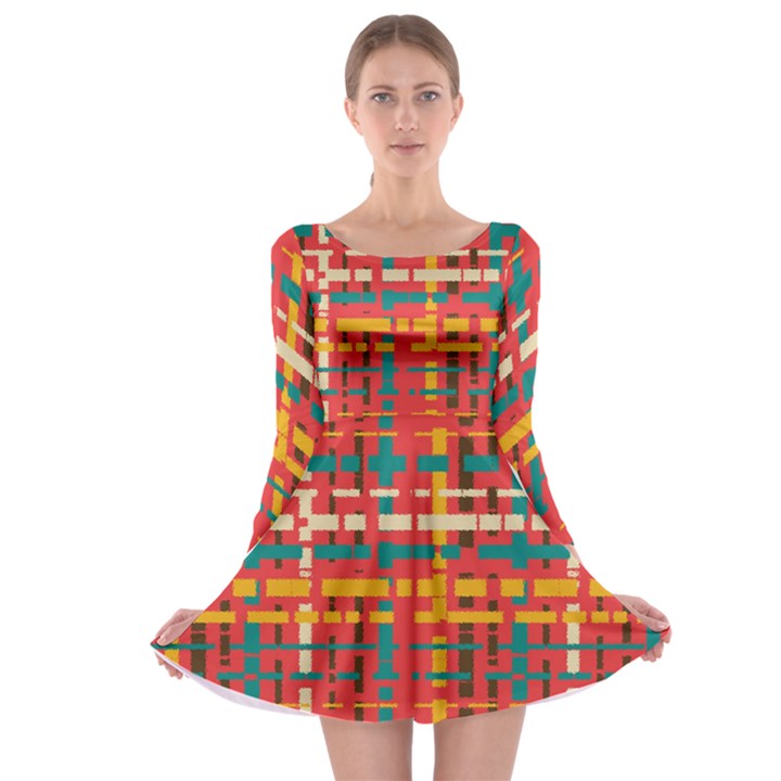 Colorful Line Segments Long Sleeve Skater Dress